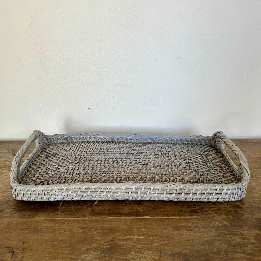 Vintage Grey Painted Rectangular Tray Basket with Handles, Cottagecore Farmhouse
